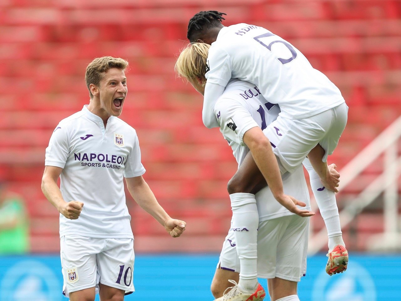 Kasper Dolberg forward of RSC Anderlecht celebrates scoring a goal on August 4, 2024